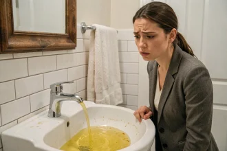 Femme en blazer regardant avec inquiétude l'eau jaune qui coule du robinet de sa salle de bain avant un rendez-vous important