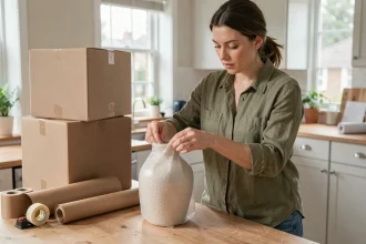 Femme emballant soigneusement un vase en céramique avec du papier bulle avant un déménagement
