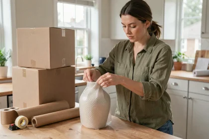 Femme emballant soigneusement un vase en céramique avec du papier bulle avant un déménagement