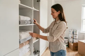 Femme rangeant des affaires dans un placard neuf lors d'un emménagement dans un appartement rénové