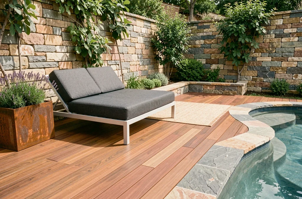 Espace lounge piscine avec daybed en aluminium recyclé, terrasse en ipé certifié FSC, jardinière en acier corten et muret en pierre calcaire