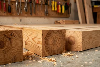 Différentes essences de bois pour solives de plancher côte à côte en atelier de menuiserie