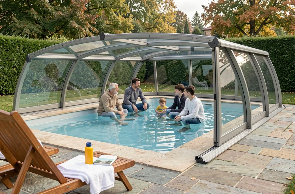 Famille profitant d'une piscine sous abri rétractable dans un jardin de villa en automne pour une baignade prolongée
