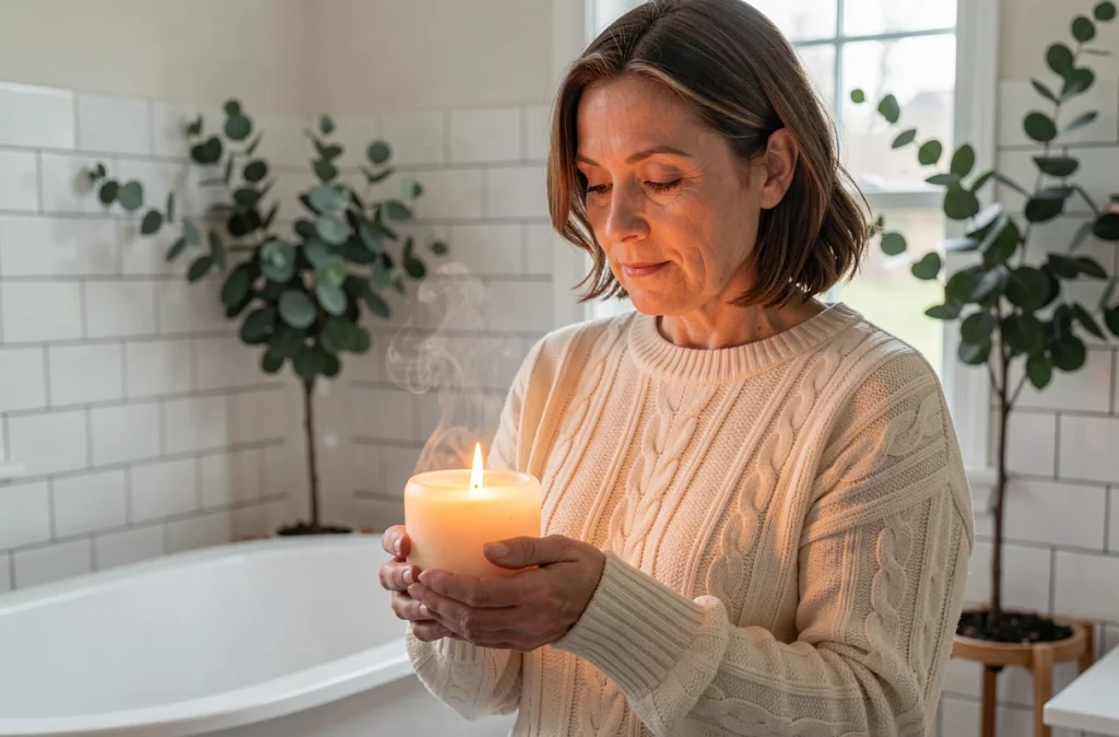 Femme tenant une bougie LED sans flamme dans une salle de bain cosy avec baignoire et branchages d'eucalyptus