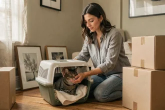 Femme plaçant délicatement son chat dans une caisse de transport entourée de cartons de déménagement