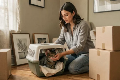 Femme plaçant délicatement son chat dans une caisse de transport entourée de cartons de déménagement