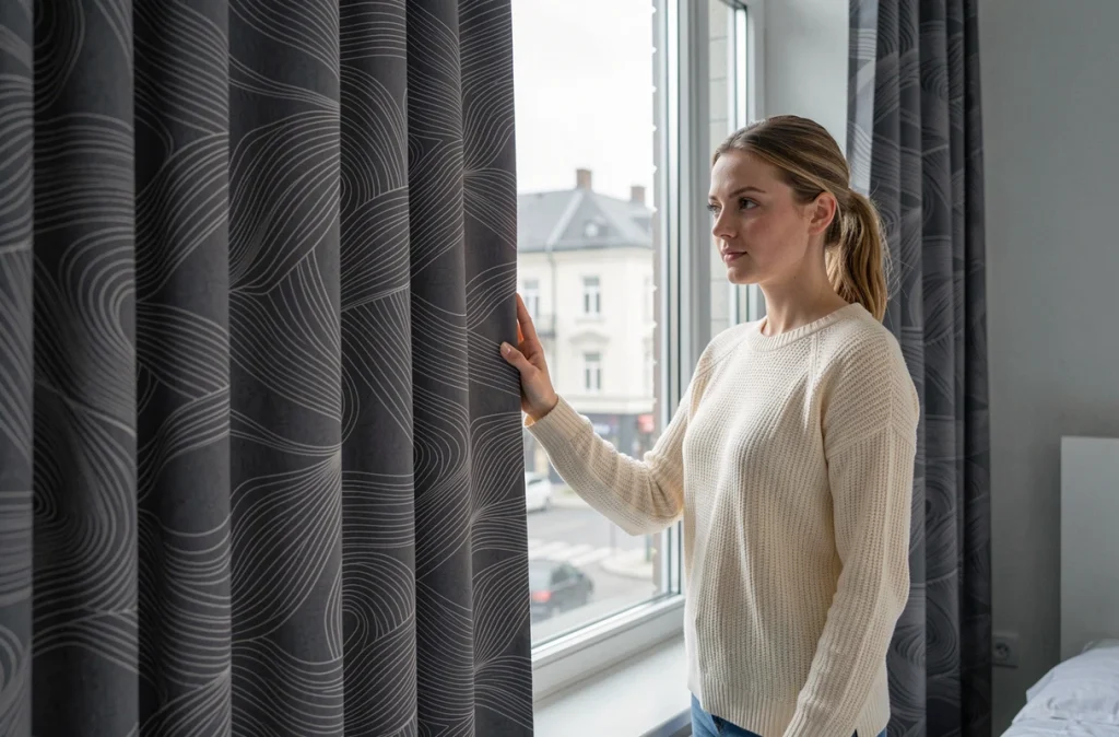 Femme évaluant un rideau occultant à motif vague en gris anthracite dans une chambre de style scandinave