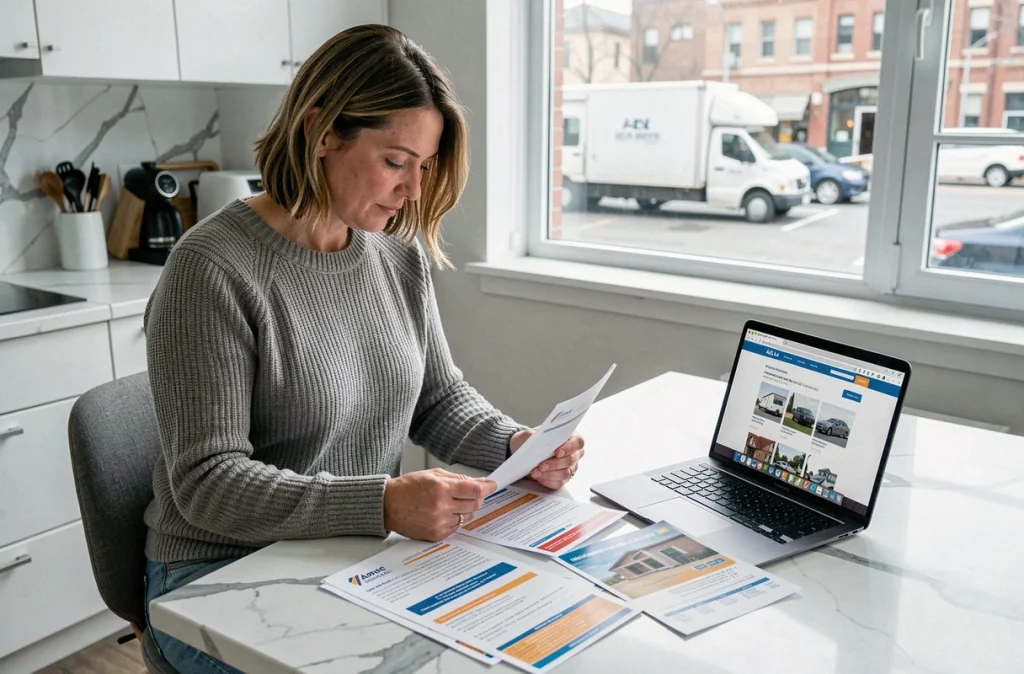 Femme comparant des devis d'entreprises de déménagement sur une table de cuisine avec un ordinateur portable