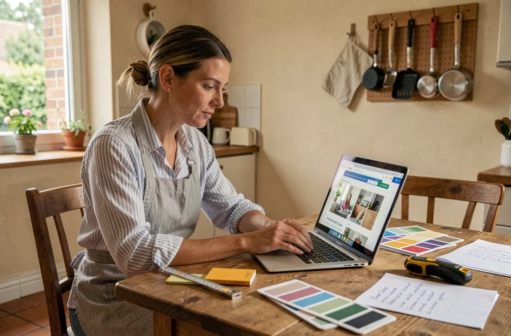 Femme consultant un site de conseils maison comme Noximaison.fr depuis sa cuisine entourée d'échantillons de peinture et notes de rénovation