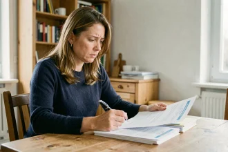 Femme consultant des documents administratifs avant un déménagement, assise à une table en bois dans un appartement