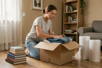 Femme qui prépare ses cartons de déménagement avec soin dans un appartement