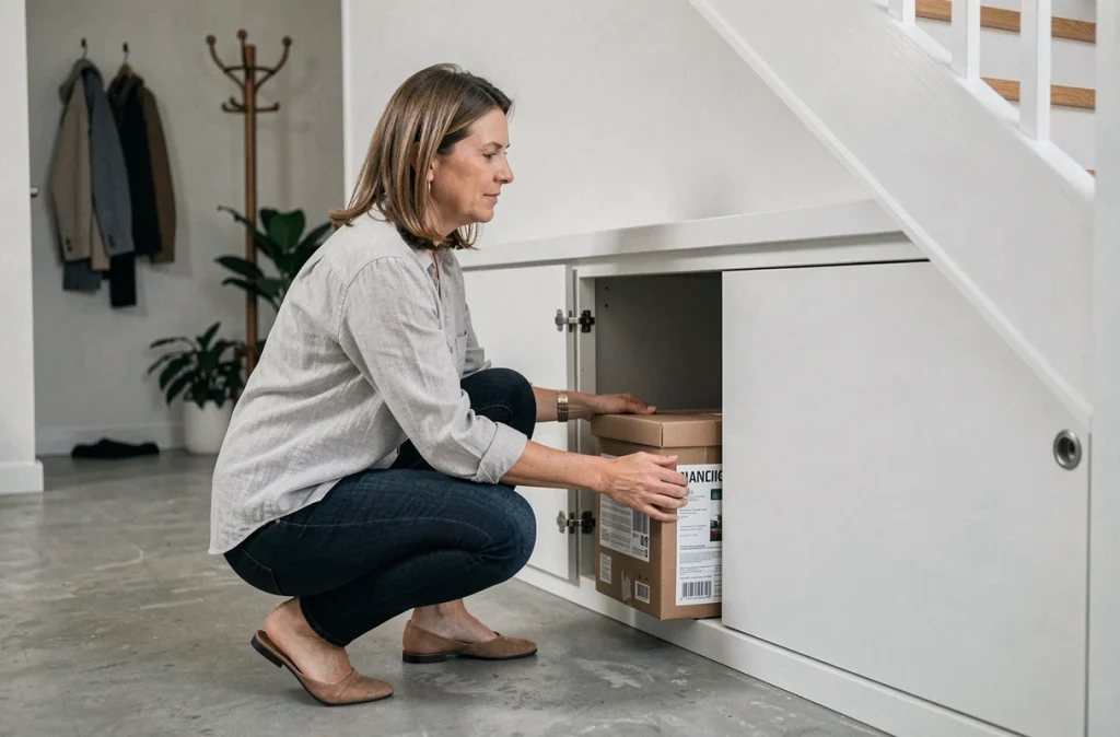 Femme rangeant des boîtes de rangement dans un placard sous escalier sur mesure en blanc mat