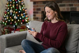 Femme pilotant ses guirlandes de Noël connectées depuis une application smartphone dans un salon décoré