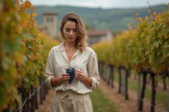 Femme explorant les vignobles de Bois d'Ormes lors d'une escapade œnotouristique en automne