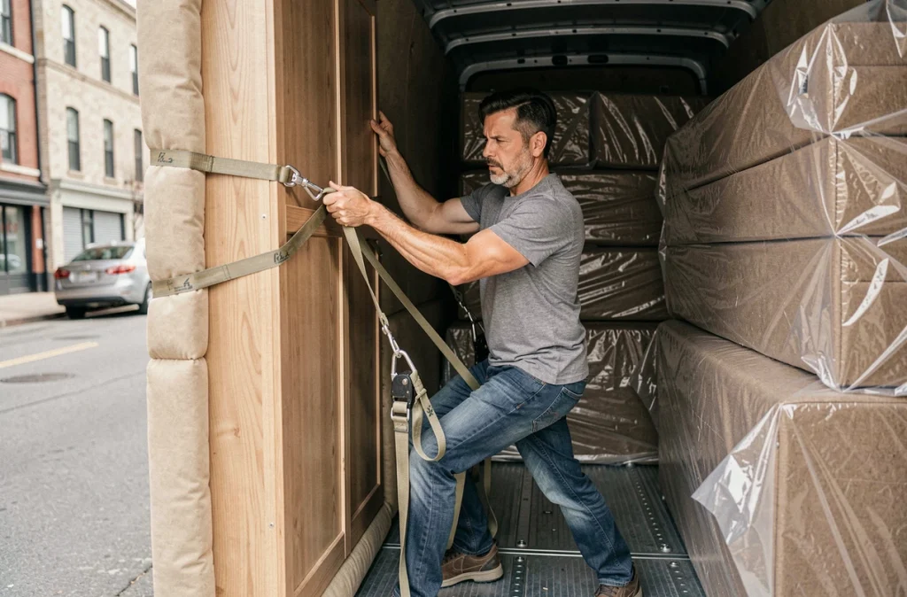 Homme fixant une armoire en bois avec des sangles d'arrimage à l'intérieur d'un camion de déménagement