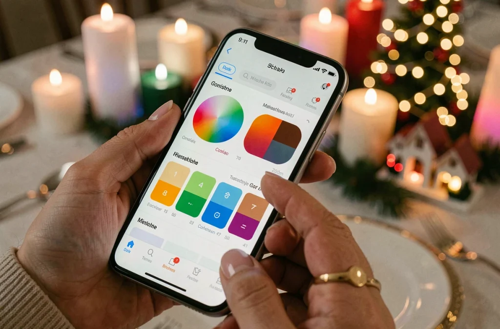Gros plan d'une main configurant des lumières de Noël connectées via une interface smartphone avec sélecteur de couleurs