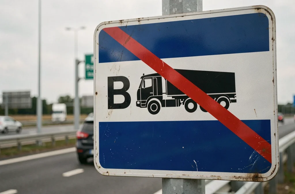 Gros plan sur la face du panneau réglementaire B34 d'interdiction de dépassement pour poids lourds à l'entrée d'une voie rapide