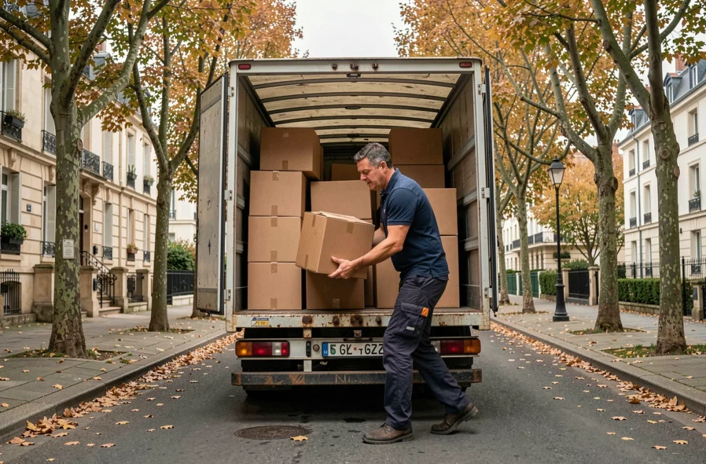 Homme chargeant des cartons dans un camion de déménagement devant un immeuble résidentiel