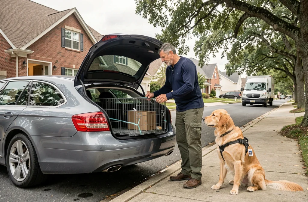 Homme chargeant une cage de transport pour chien dans le coffre d'un break lors d'un déménagement