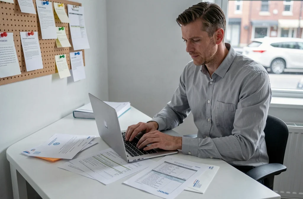Homme effectuant des démarches administratives en ligne avant un déménagement dans un bureau à domicile