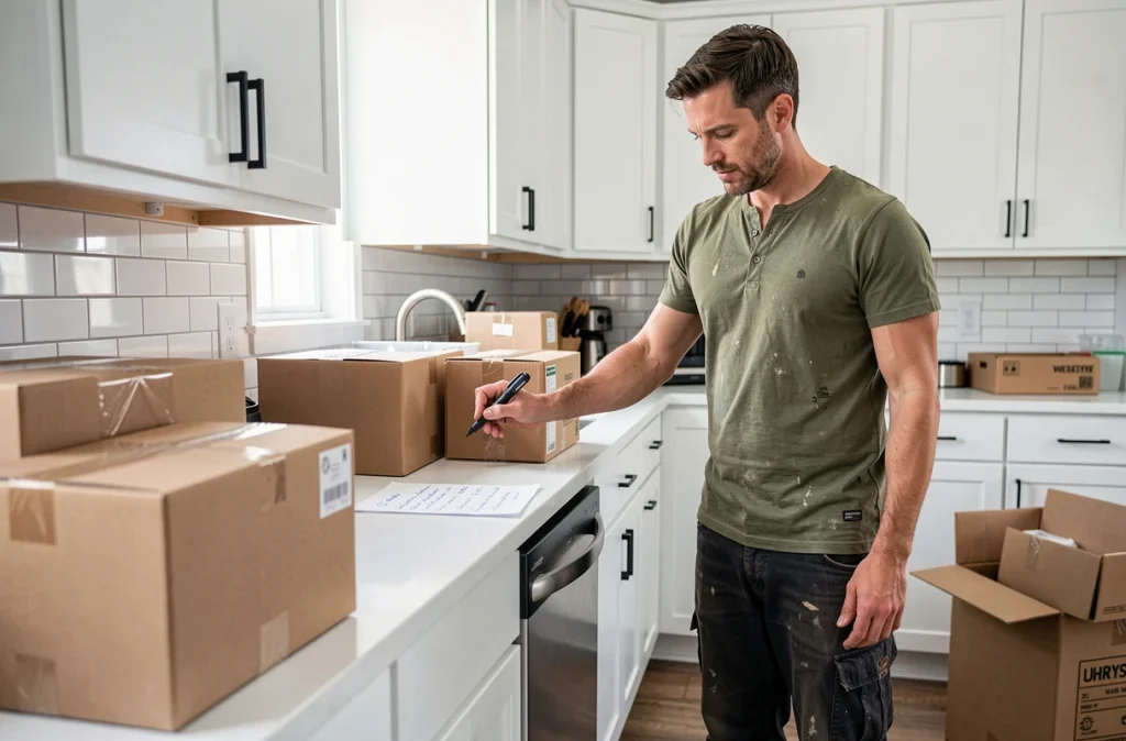 Homme étiquetant des cartons de déménagement dans une cuisine organisée