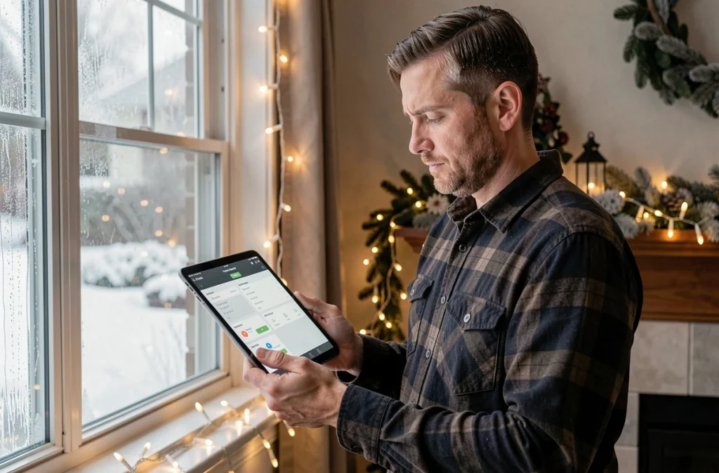 Homme consultant une application domotique sur tablette pour gérer l'éclairage de Noël connecté près d'une fenêtre enneigée