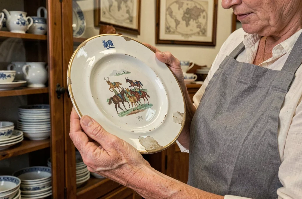 Experte en antiquités tenant une assiette de Moustiers et inspectant la marque de potier et les éclats d'émail au revers