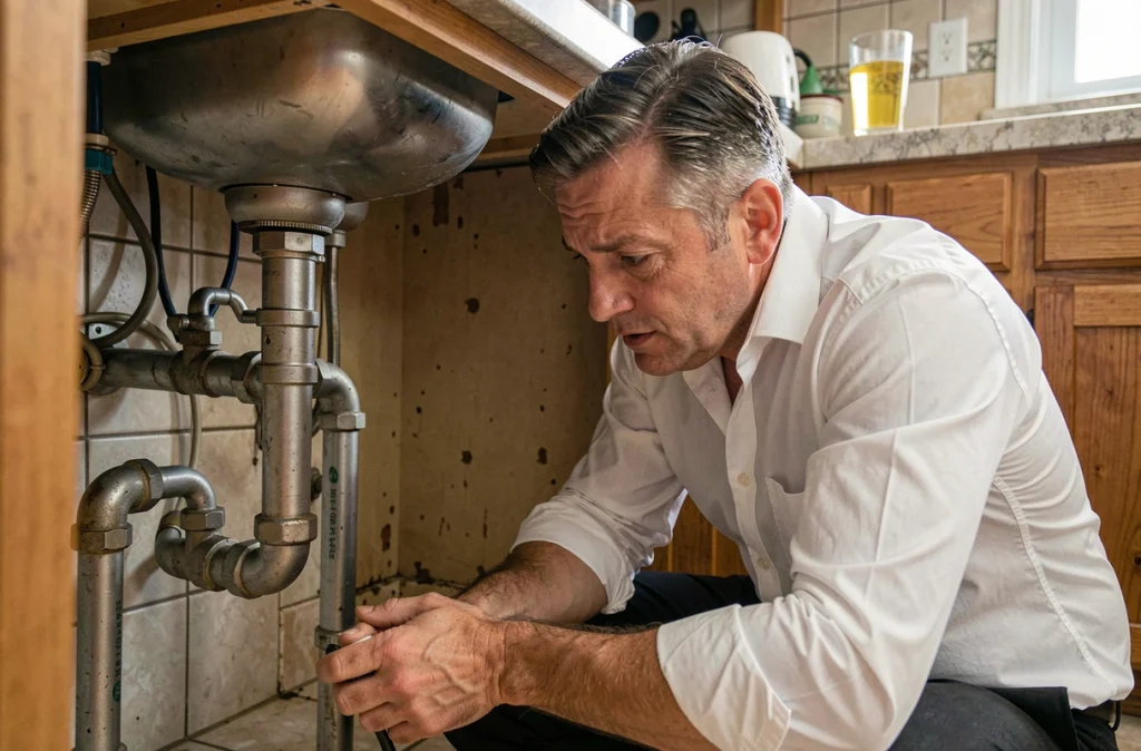 Homme en chemise blanche inspectant les canalisations sous l'évier de cuisine pour résoudre le problème d'eau du robinet jaune