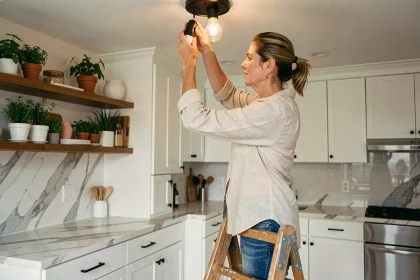 Femme installant une ampoule LED dans une cuisine moderne lors de la transition vers un éclairage basse consommation