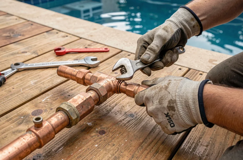 Installation d'une douche extérieure en cuivre sur une terrasse en teck au bord d'une piscine par un plombier professionnel