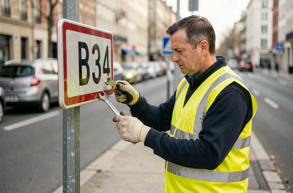 Technicien de voirie en gilet haute visibilité installant un panneau B34 sur un poteau métallique en milieu urbain
