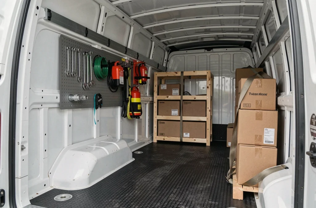Intérieur d'un camion utilitaire équipé de rangements muraux, étagères pliables et systèmes d'arrimage pour maximiser l'espace de chargement