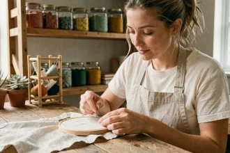 Femme apprenant la broderie avec un kit écologique en lin et fils naturels teints aux plantes dans un atelier en bois