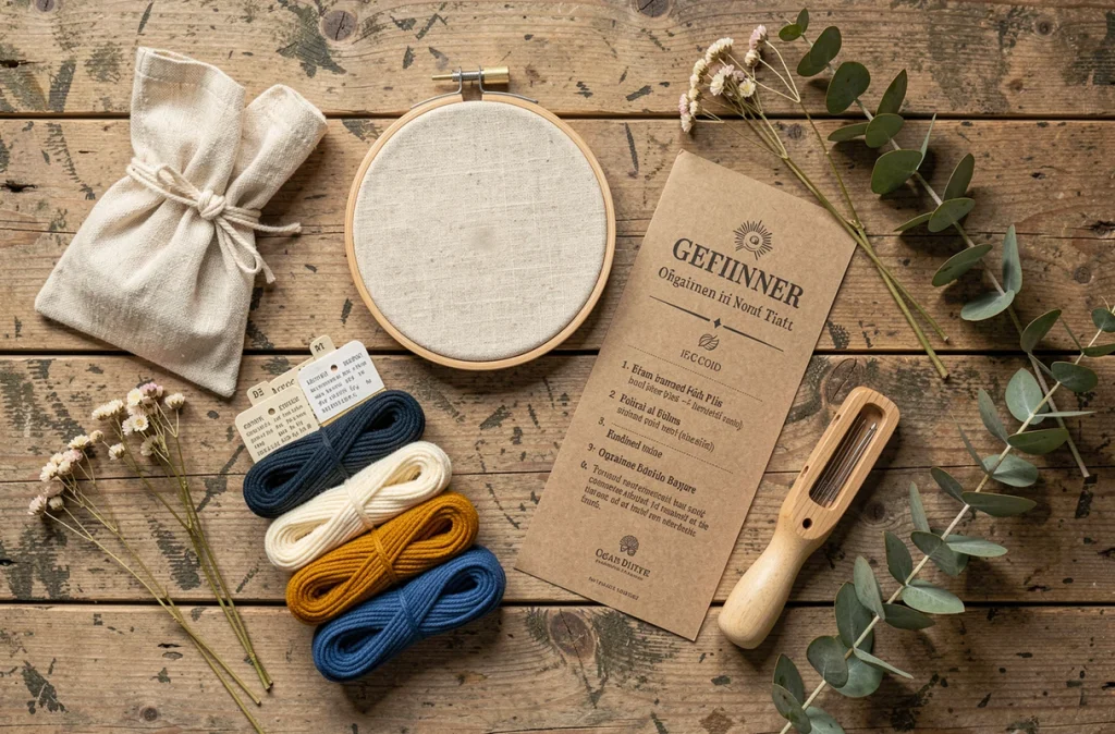 Kit de broderie écologique pour débutant avec cerceau en bambou, fils organiques et accessoires naturels en vue du dessus