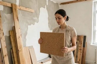 Femme examinant un panneau en liège naturel dans un appartement en rénovation avec des matériaux écologiques