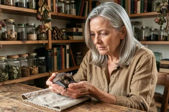 Médium tenant une chauve-souris dans ses mains dans un cabinet de spiritualité entouré de livres ésotériques