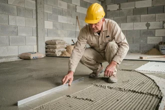 Ouvrier du bâtiment lissant une chape fraîchement coulée sur un chantier intérieur, comparaison entre chape maigre et chape traditionnelle
