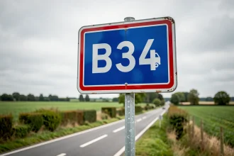 Panneau routier B34 d'interdiction de dépasser pour les poids lourds installé en bord de route rurale en France