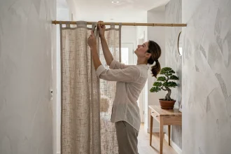 Femme posant un rideau japonisant sur tringle à tension sans percer les murs dans un couloir moderne