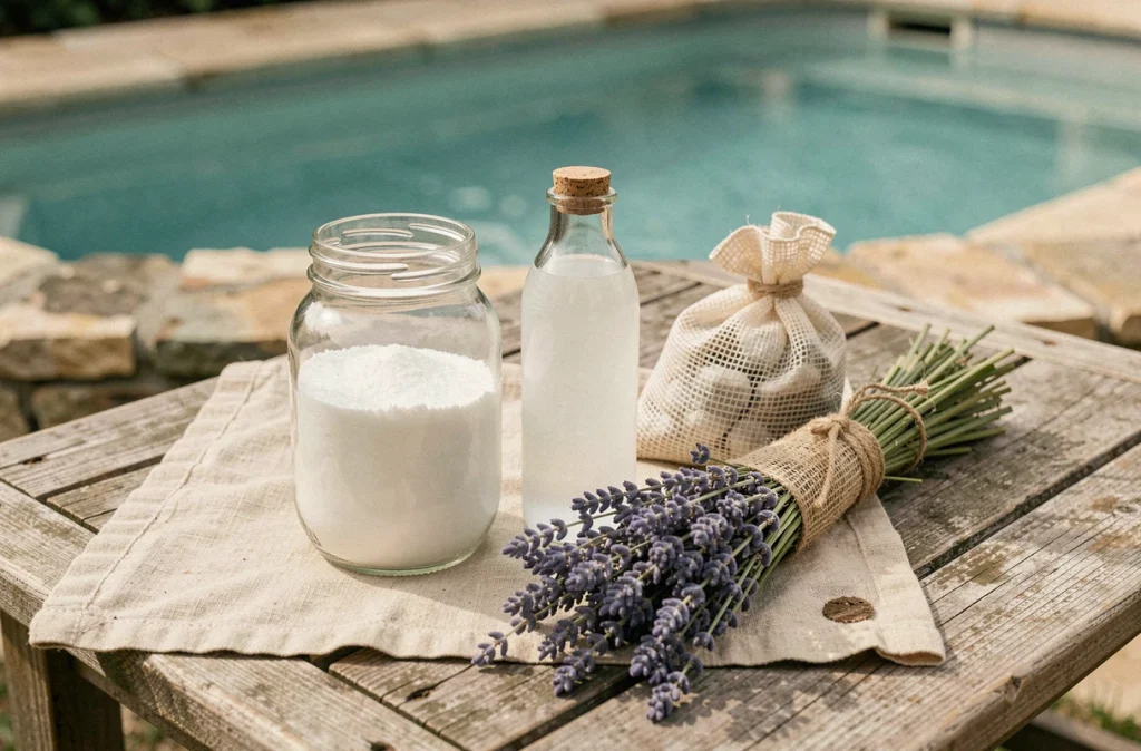 Produits naturels et écologiques pour l'entretien de l'eau de piscine disposés sur une table de jardin en bois