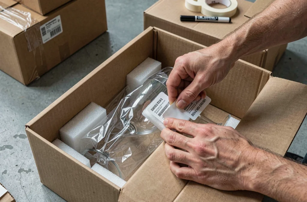 Gros plan sur des mains appliquant des protections en mousse sur des verres fragiles dans un carton de déménagement