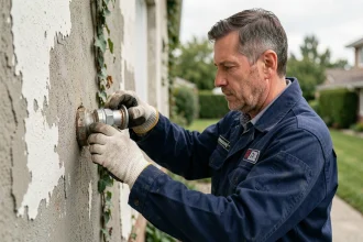 Plombier inspectant un raccord étanche extérieur sur un mur de maison en béton