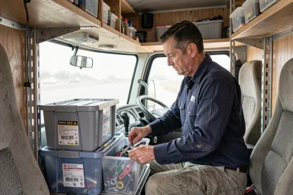 Chauffeur de camion organisant des bacs de rangement dans la cabine de son poids lourd pour optimiser l'espace disponible