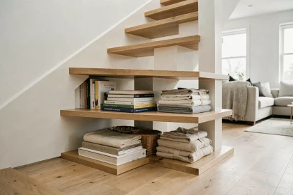 Rangement sous escalier optimisé avec étagères en bois et paniers en osier dans un intérieur moderne