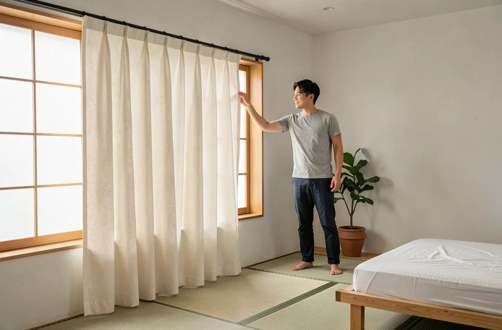 Rideau japonisant en coton ivoire posé sans percer dans l'encadrement d'une fenêtre de chambre minimaliste