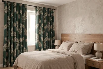 Chambre à coucher avec rideau occultant à motif végétal vert et ivoire suspendu à une tringle noire mate