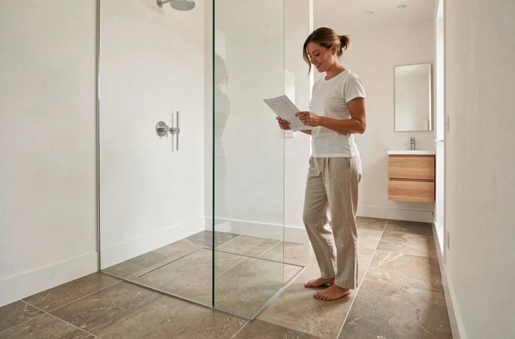 Salle de bain moderne avec receveur de douche extra plat encastré et propriétaire examinant un devis de pose