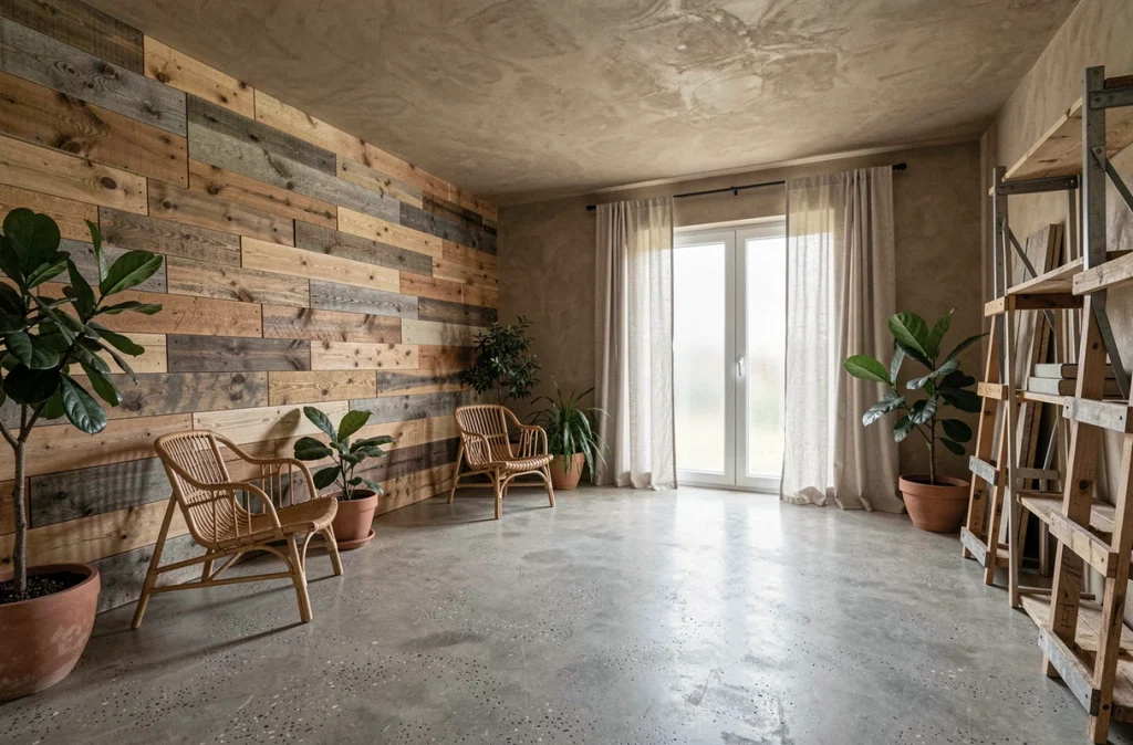 Salon rénové avec matériaux écologiques incluant bois récupéré, béton ciré et enduit en argile naturelle