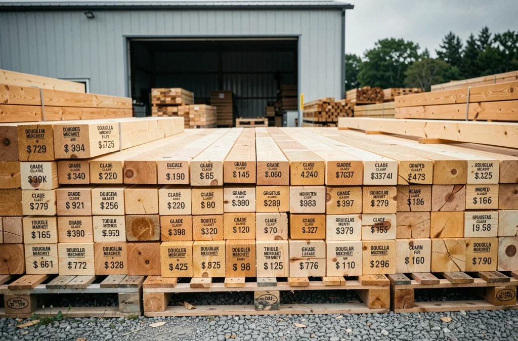 Stock de solives classées par essence et classe de résistance dans un entrepôt de bois de structure