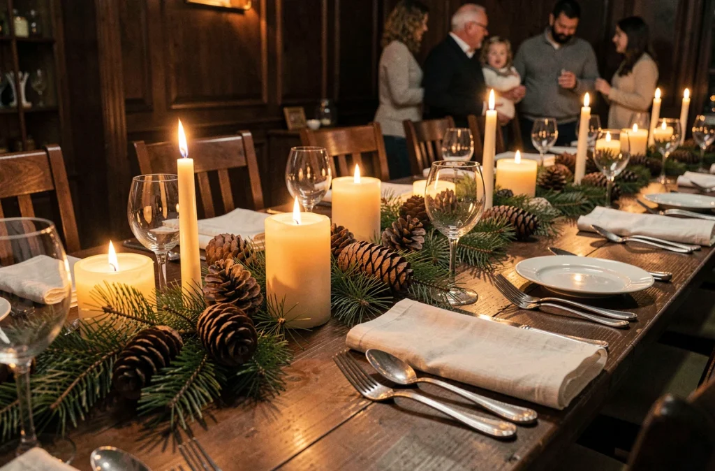 Table de fête décorée avec plusieurs bougies LED fausse flamme, branches de pin et couverts élégants pour une soirée hivernale